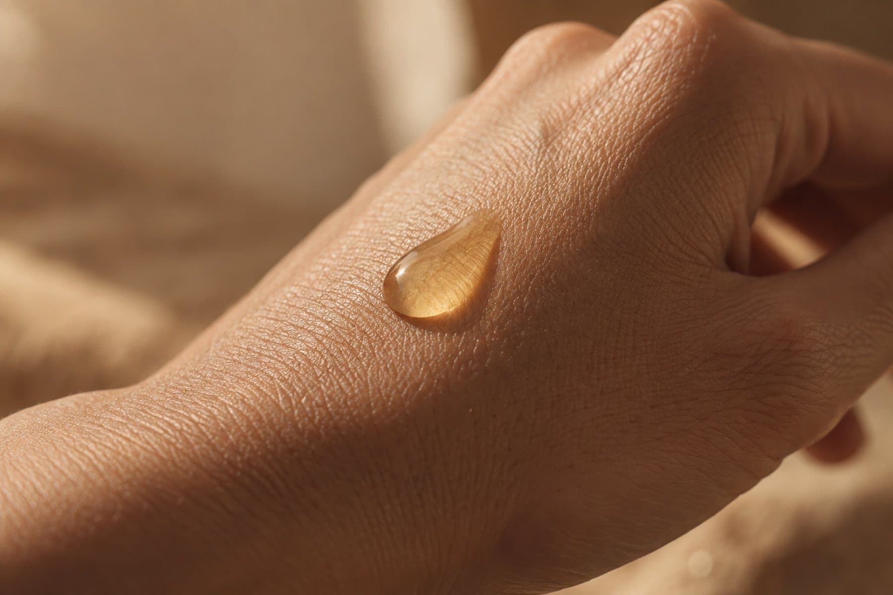 Ein Tropfen goldenes Serum auf einem Handrücken, weiches warmes Licht