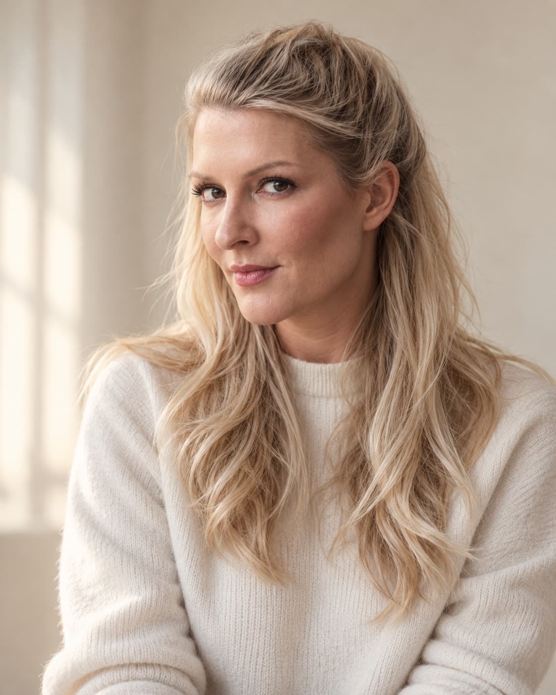 Dr. med. Katharina Peuker, Hautärztin in Überlingen, im hellen Strickpullover vor einer warmen Kalkwand
