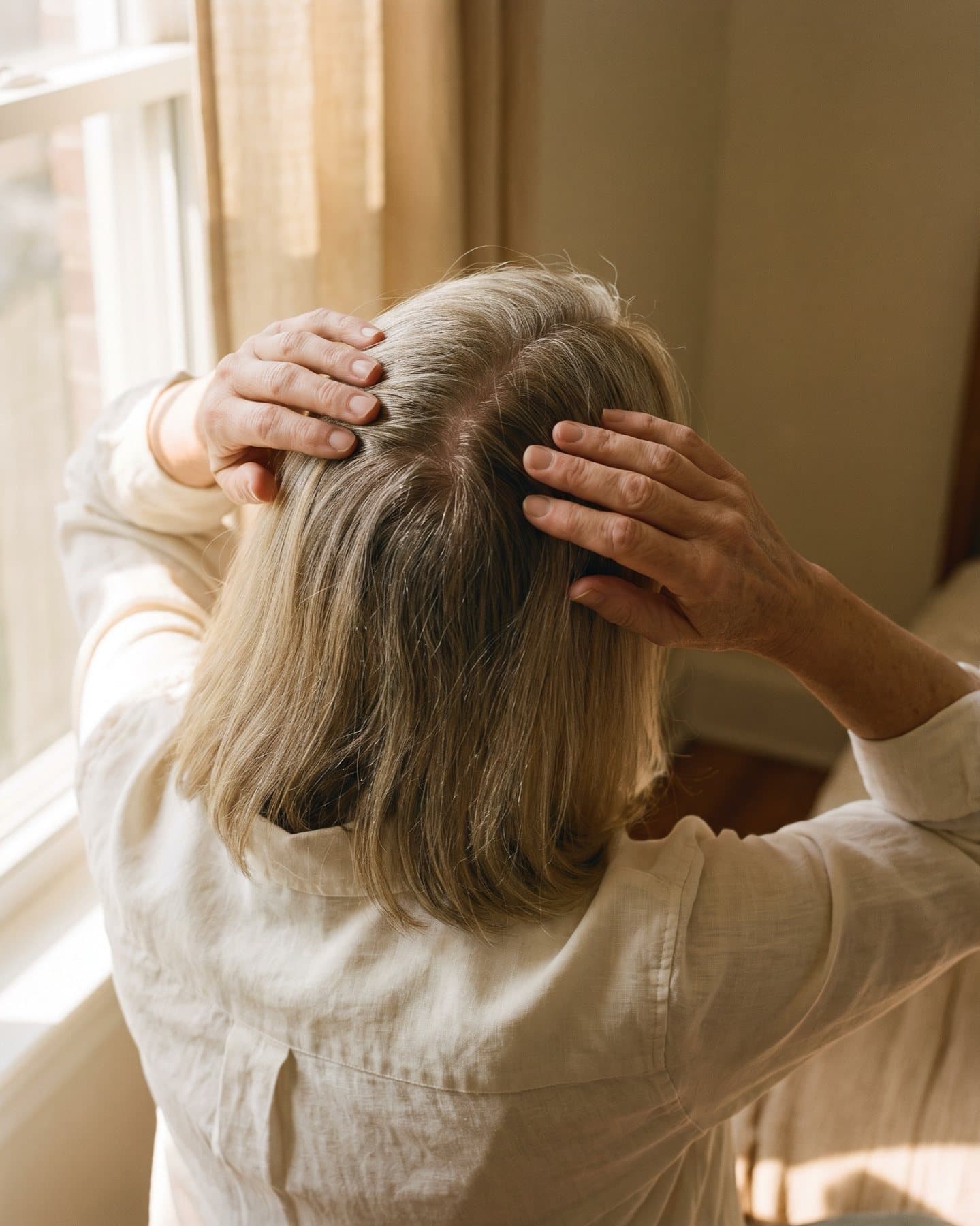 Frau von hinten, die mit den Fingern ihren Scheitel teilt, warmes Fensterlicht