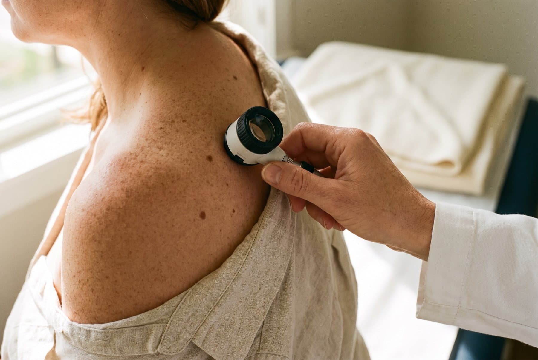 Hand der Ärztin mit einem Dermatoskop an der sommersprossigen Schulter einer Patientin