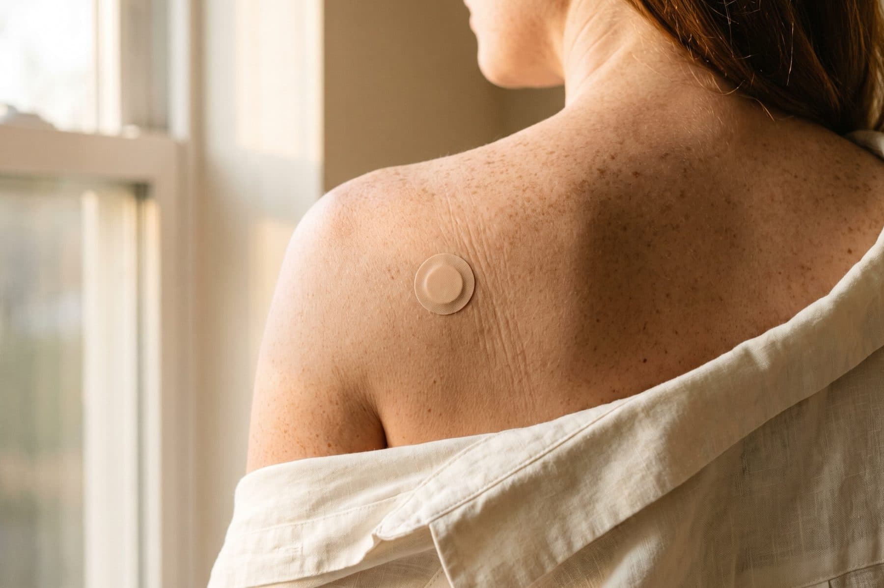 Schulter einer Patientin von hinten mit einem kleinen hautfarbenen Pflaster, warmes Fensterlicht