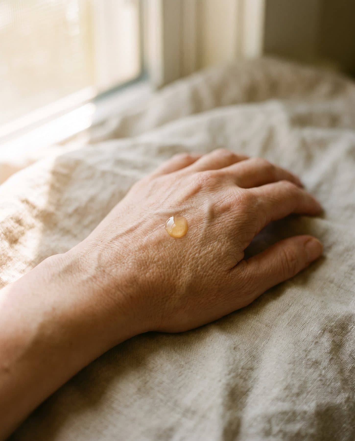 Ein goldener Tropfen Serum auf dem Handrücken einer Frau, die Hand ruht auf Leinen am Fenster