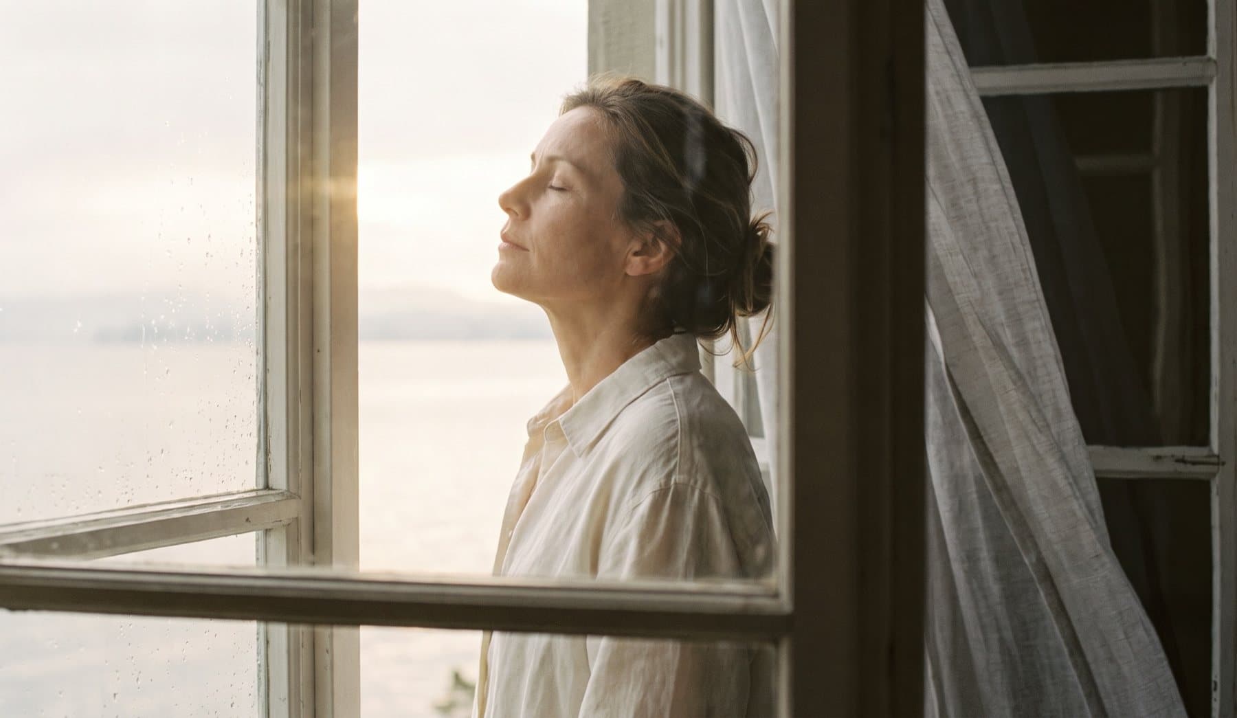 Frau im Leinenhemd am offenen Fenster, das Gesicht mit geschlossenen Augen der Morgensonne zugewandt